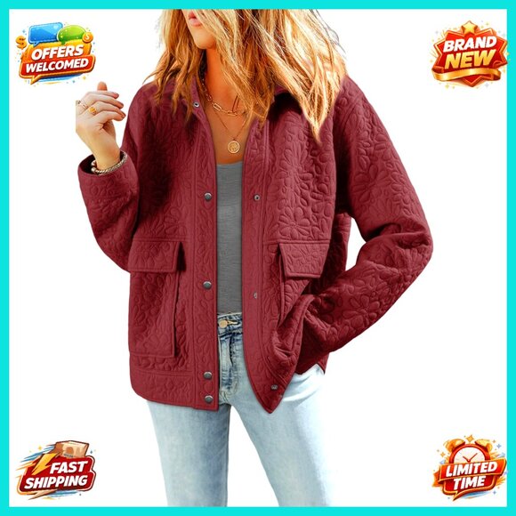 Jackets & Blazers - Casual Jacquard Shacket Jacket Long Sleeve Button Down Collared Loose Fit